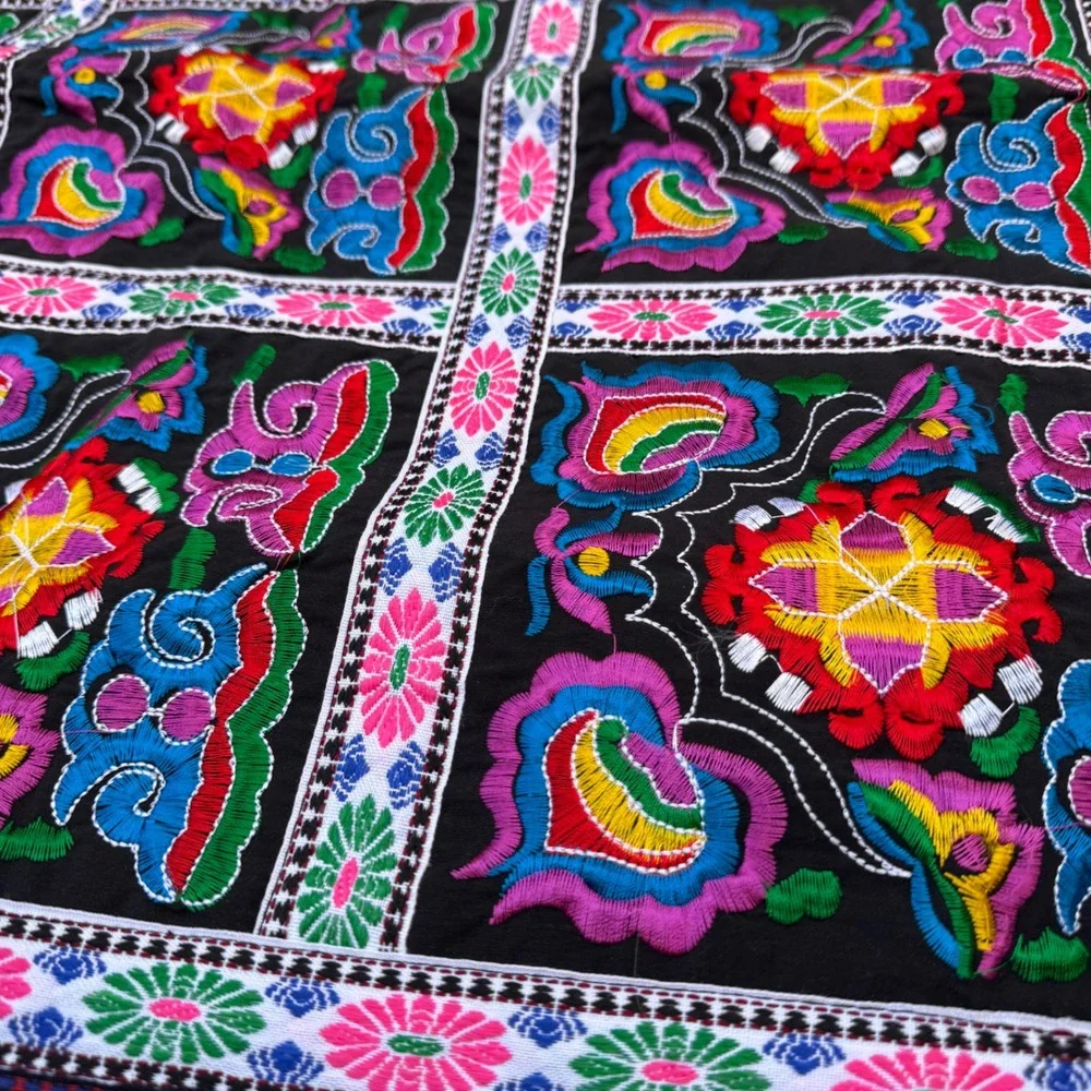 Vintage Hmong Embroidered Folk Art Textile Tapestry Black Multi Boho Floral